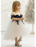 Navy Blue Velvet Lace Flower Girl Dress